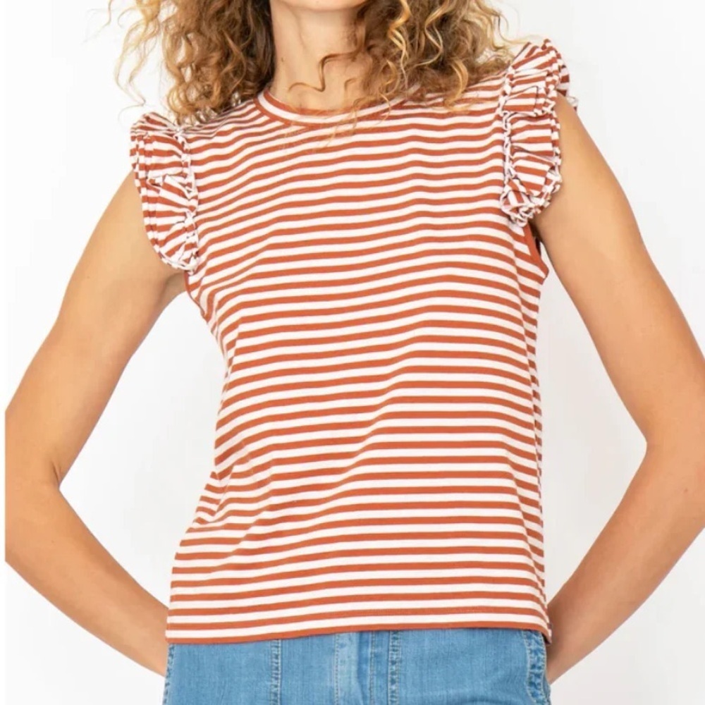 NWT💕 KULE The Kiki Ruffle Sleeveless Tank Top - Bronze/White Size M